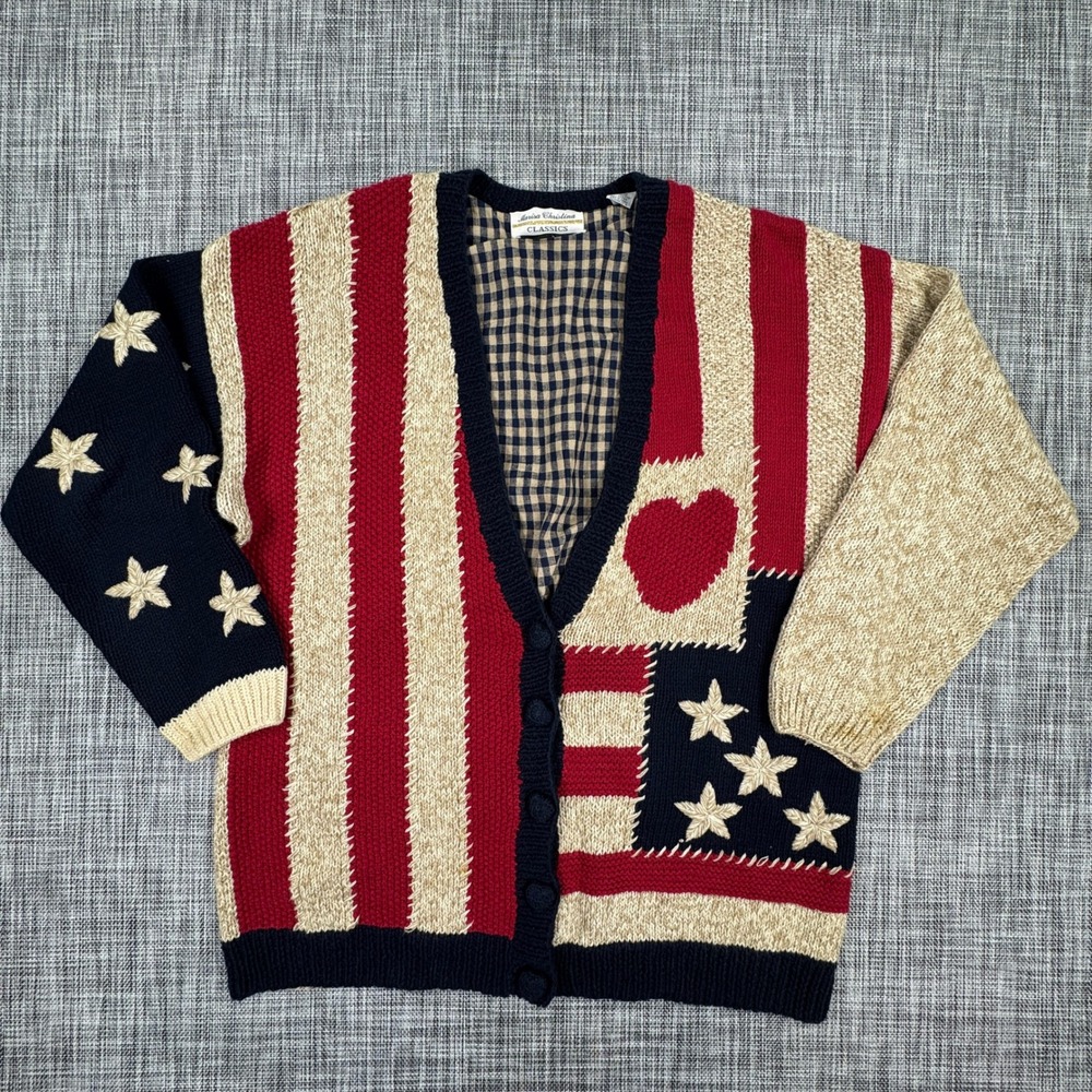 Vintage Marisa Christina Womens Cardigan Large Americana Flag Ramie Cotton Knit